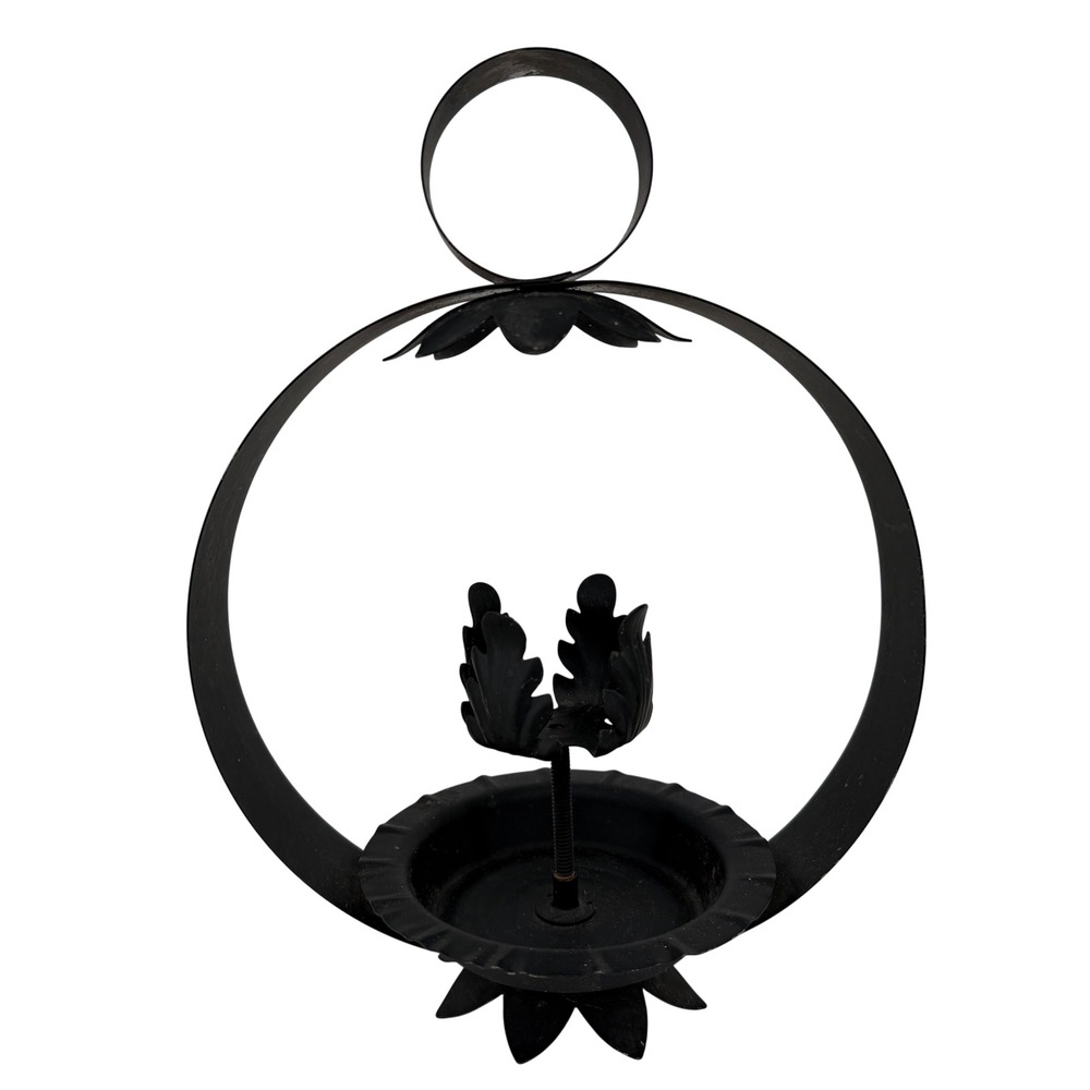 Wrought Iron Candle Holder Leaf Motif Circular Black Rustic Gothic 11in Votive
